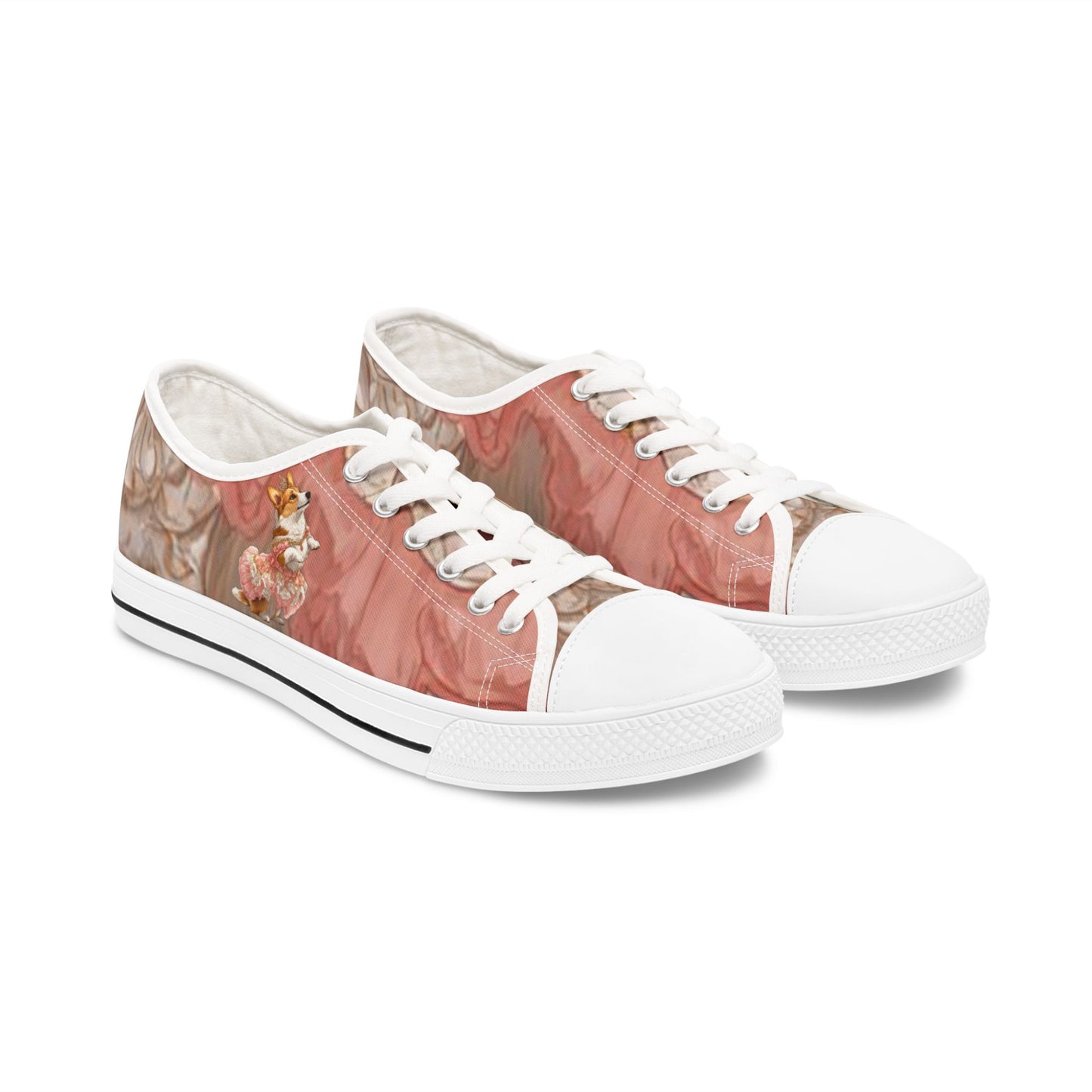 Princess Corgi Pink Rose Floral Women's Low-Top Casual Canvas Sneakers