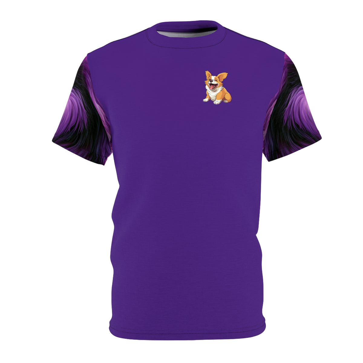 Jolly Jiggling Animated Corgi Unisex Bold Fashion Tee — Royal Purple Graphic Corgi Shirt