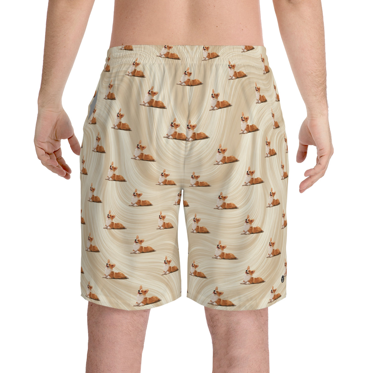 Giddy Sploot Board Shorts - Rich Creamy Champagne Corgi Theme Swimsuit