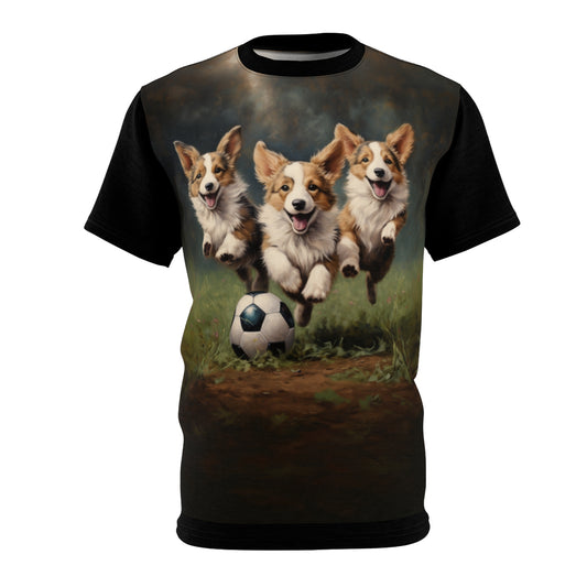 Pups on the Pitch Unisex Bold Designer Tee - Corgi Soccer Players on Phantom Black