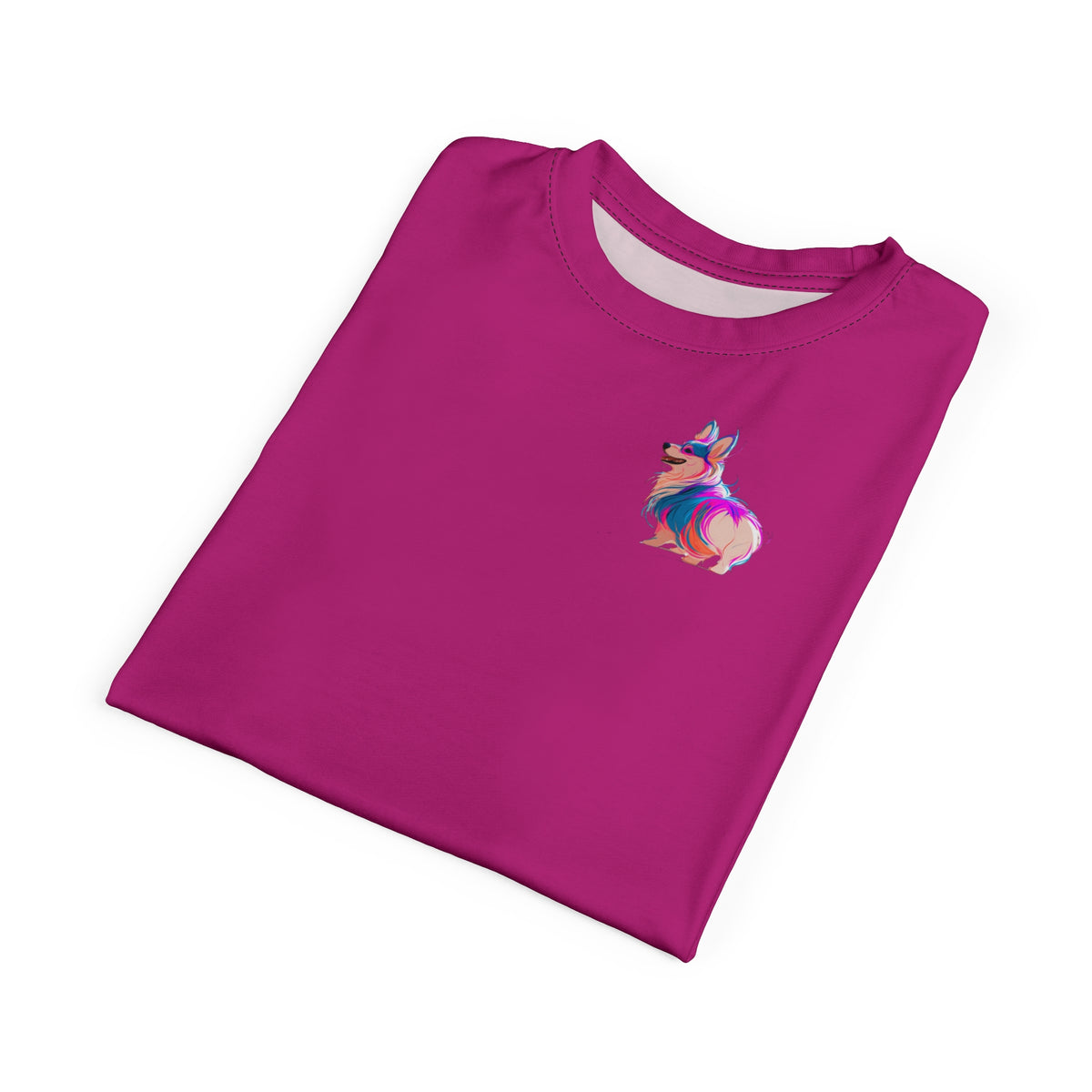 Cyberpunk Pup Unisex Bold Designer Tee - Riot Grrrl Corgi on Fuchsia Frenzy with Geo-Splatter Sleeves
