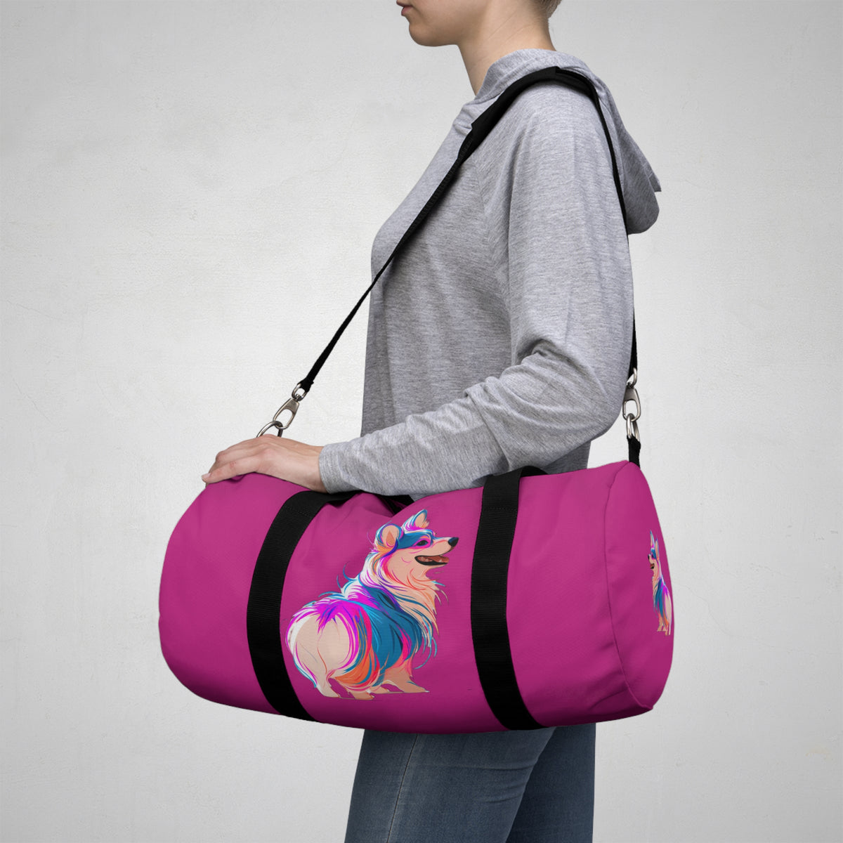 Party Pup Artistic Corgi Illustration Duffel Bag - Punker in Fuchsia Travel Gym Bag