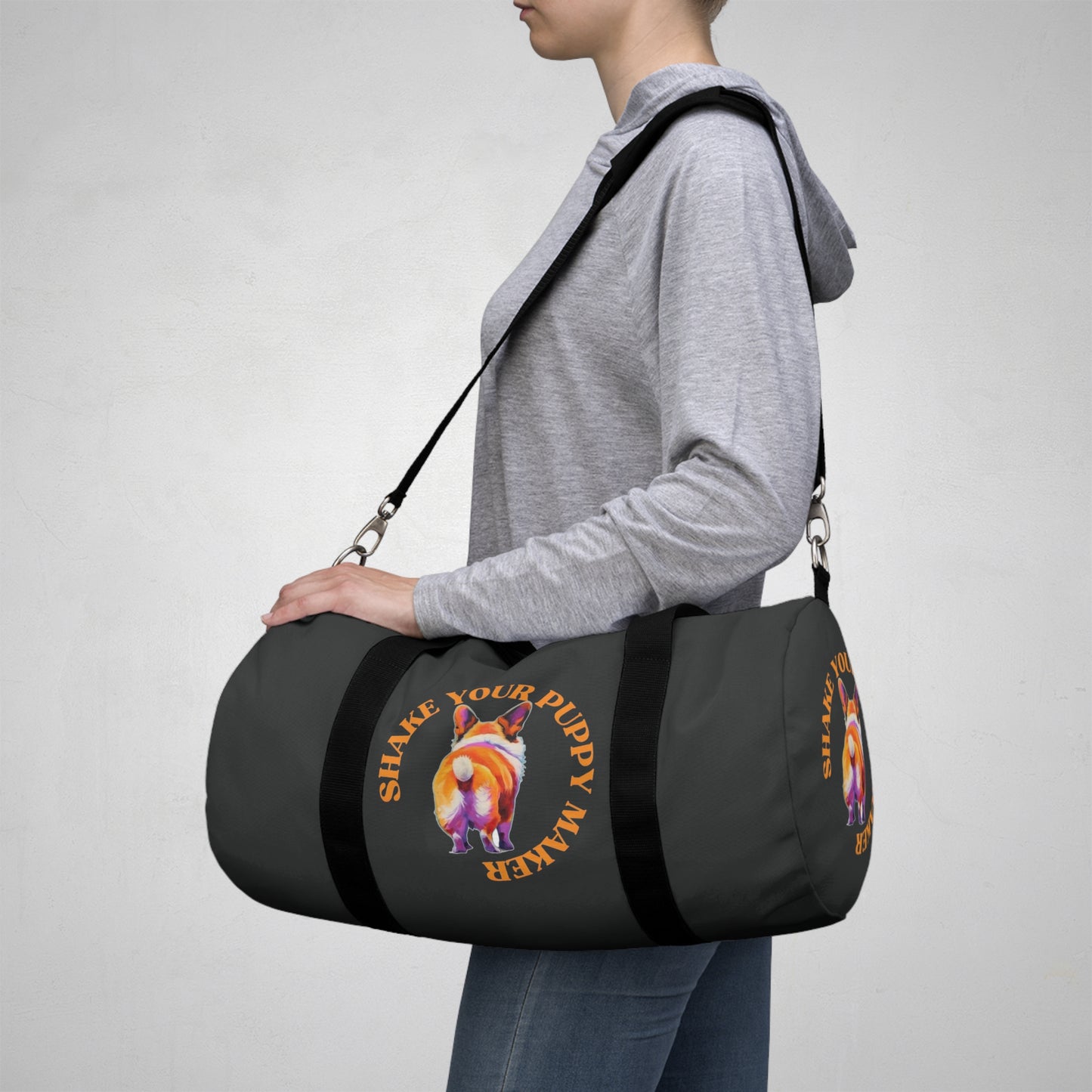 Shake Your Puppy Maker Duffel Bag - Fun Corgi Humor Charcoal Travel Gym Bag