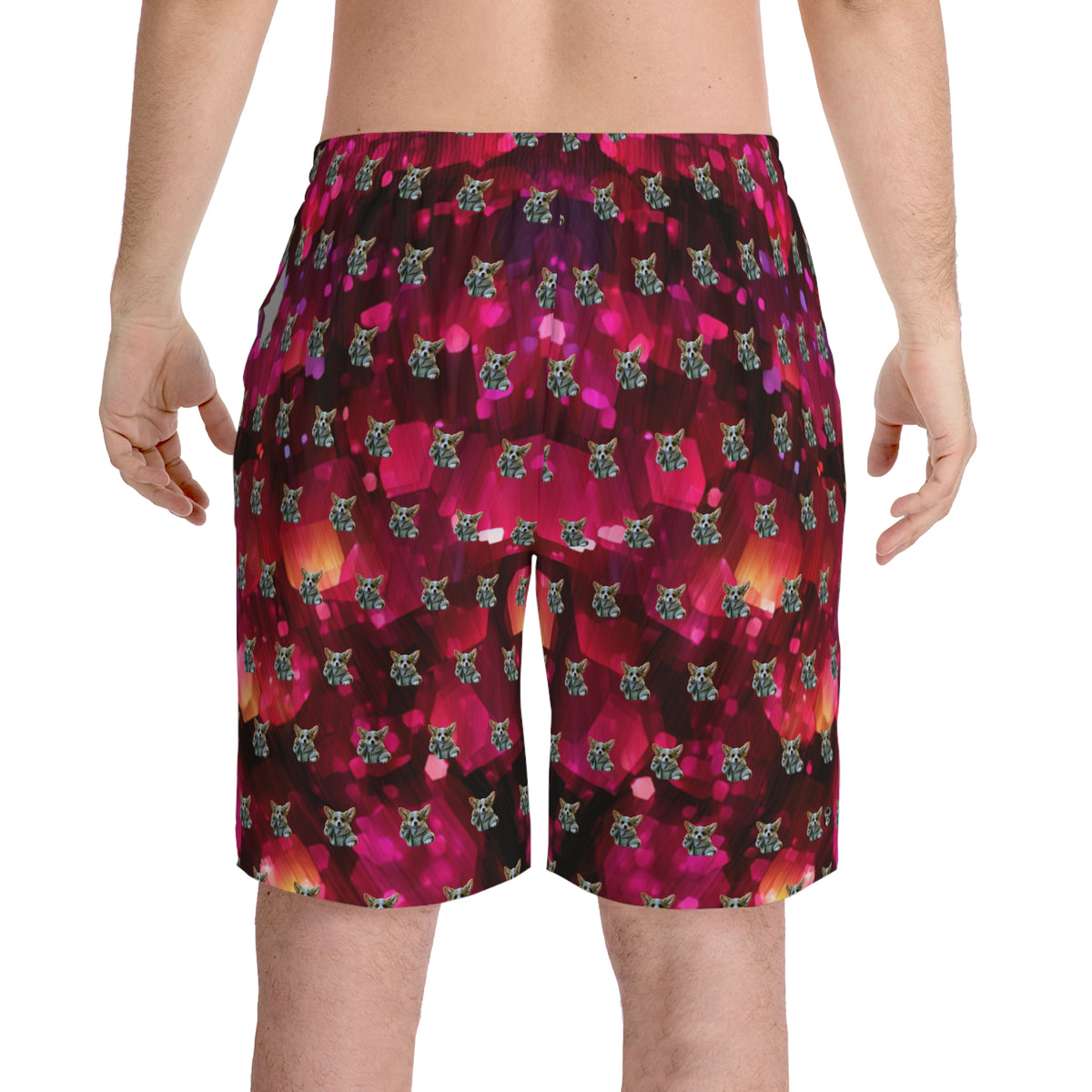 Baby Corgi Star Warrior Board Shorts - Black Red & Purple Galaxy Glitter Swimsuit