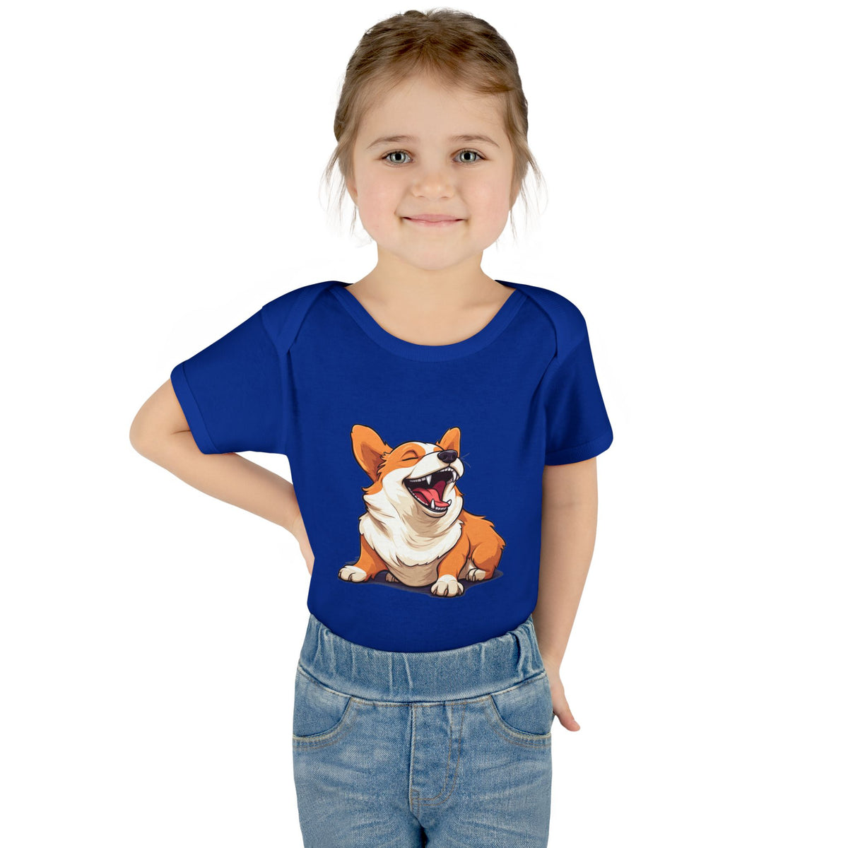 Comical Corgi All Smiles Infant Bodysuit in Blue or Pink