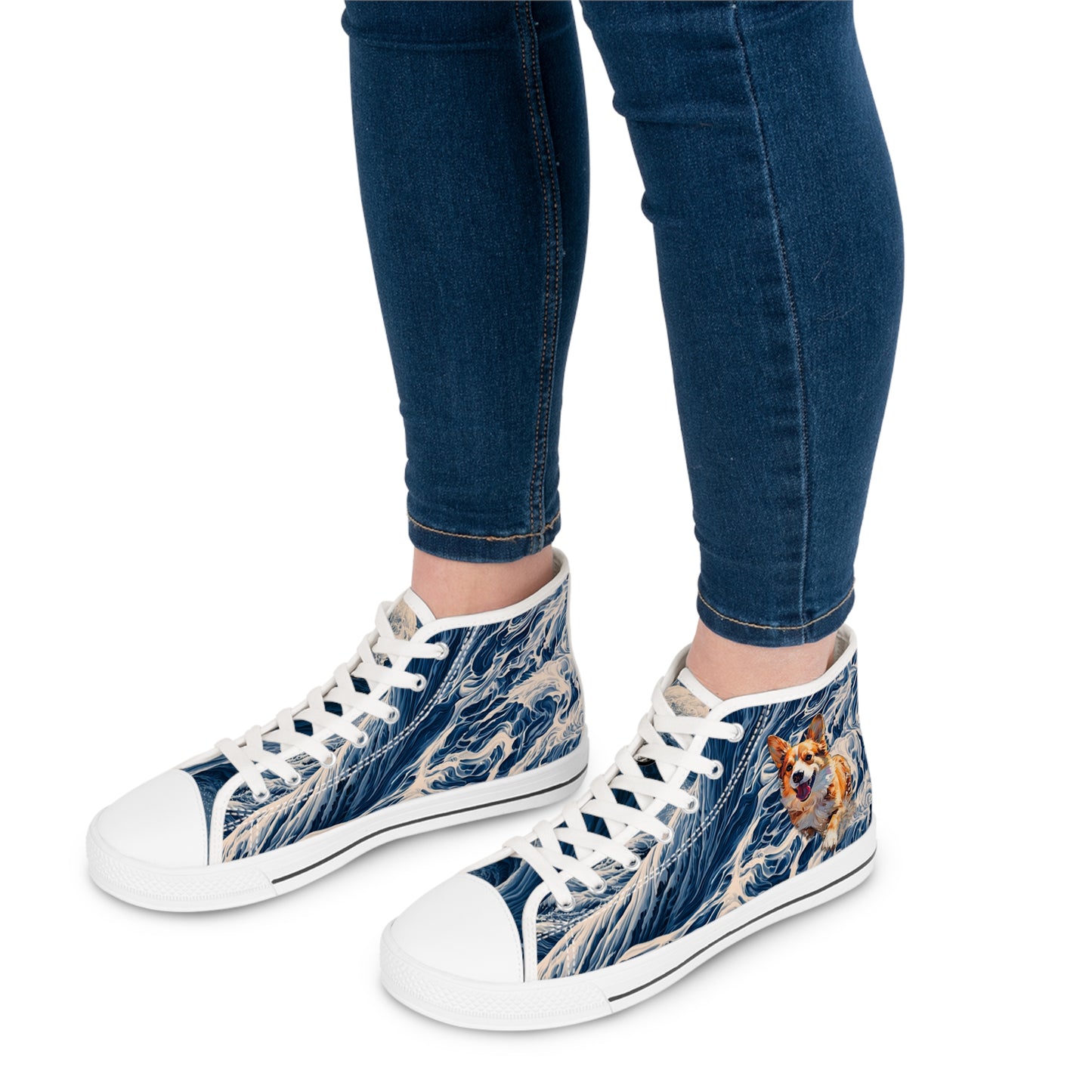 Coastal Corgi Big Blue Ocean Wave Women's High Top Casual Canvas Sneakers