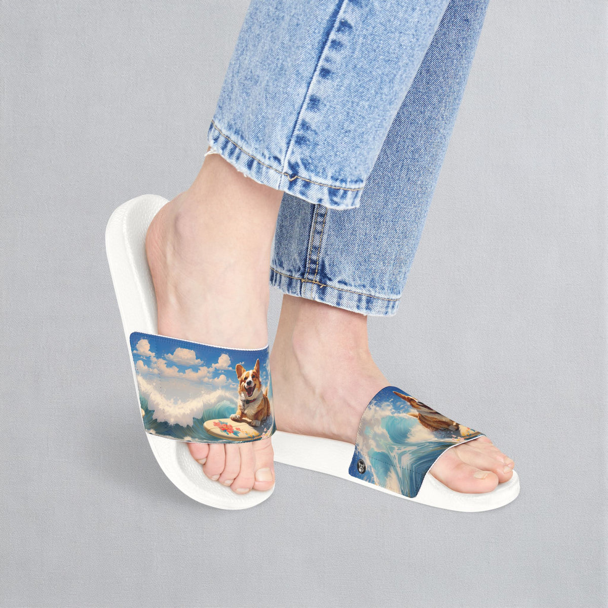 Cowabunga Corgi Big Blue Ocean Wave Women's Slide Sandals - Casual Pool & Beach Slides