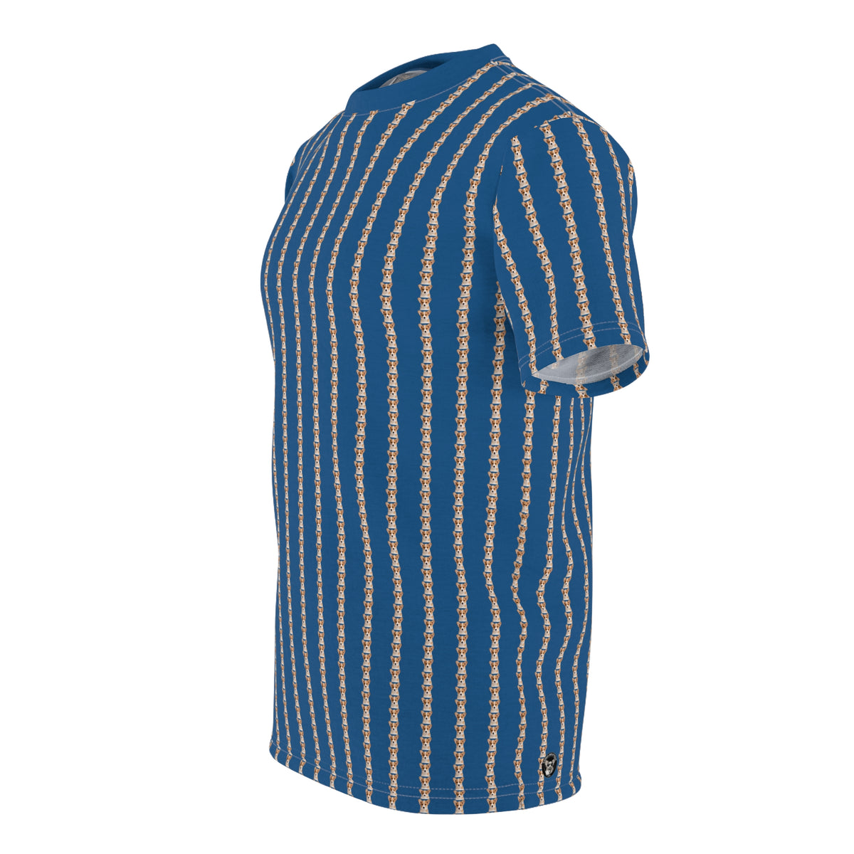 Ethereal Gaze Pinstripes Unisex Bold Designer Tee - Tiny Cute Corgi Face Motif Beyond Belief on Daytona Dusk