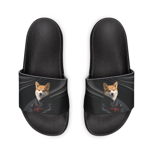 Samurai Corgi on a Black Wave Women's Casual Slide Sandals - Pool & Beach Slides