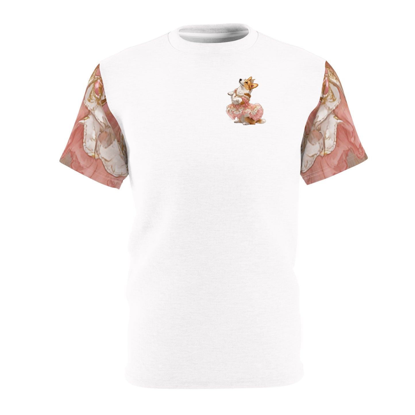 Princess Corgi Artistic Pink Accented Floral Bold Fashion Tee — Painted Corgi With Pink Roses T‑Shirt