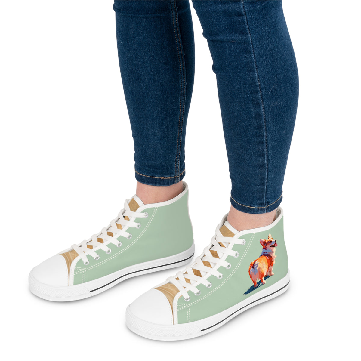 Corgi Classico Women's High-Top Sneakers - Watercolor Wiggler on Momo Mint Canvas with Flaxen Fawn Fur-Effect Tongues