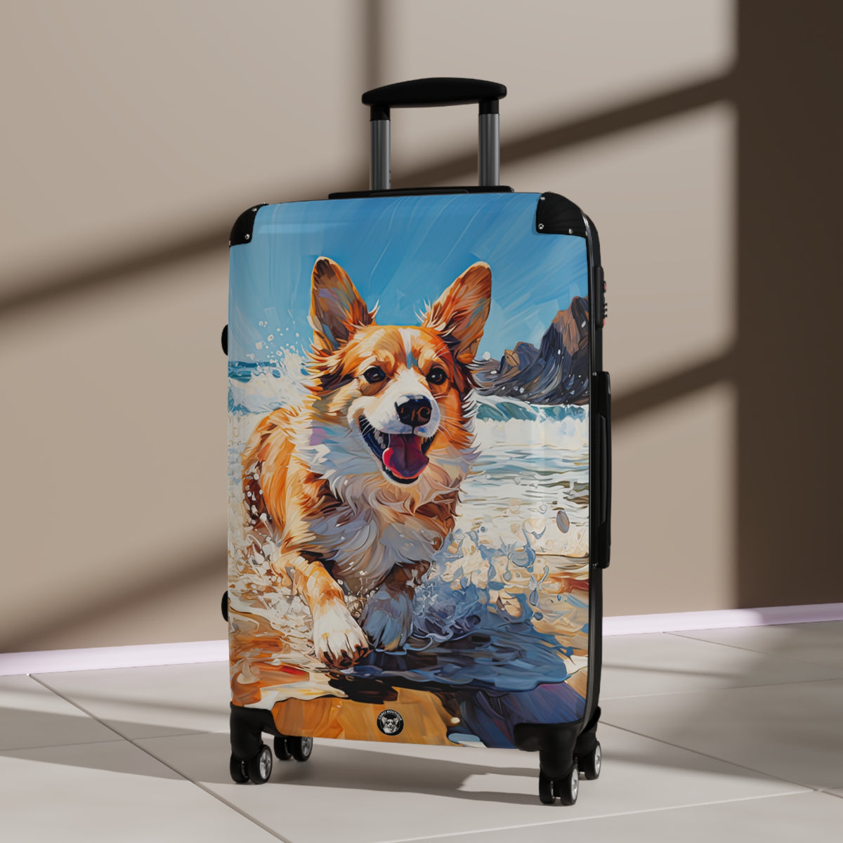 Coastal Corgi Beach Theme Suitcases — Corgi Running in the Waves Luggage