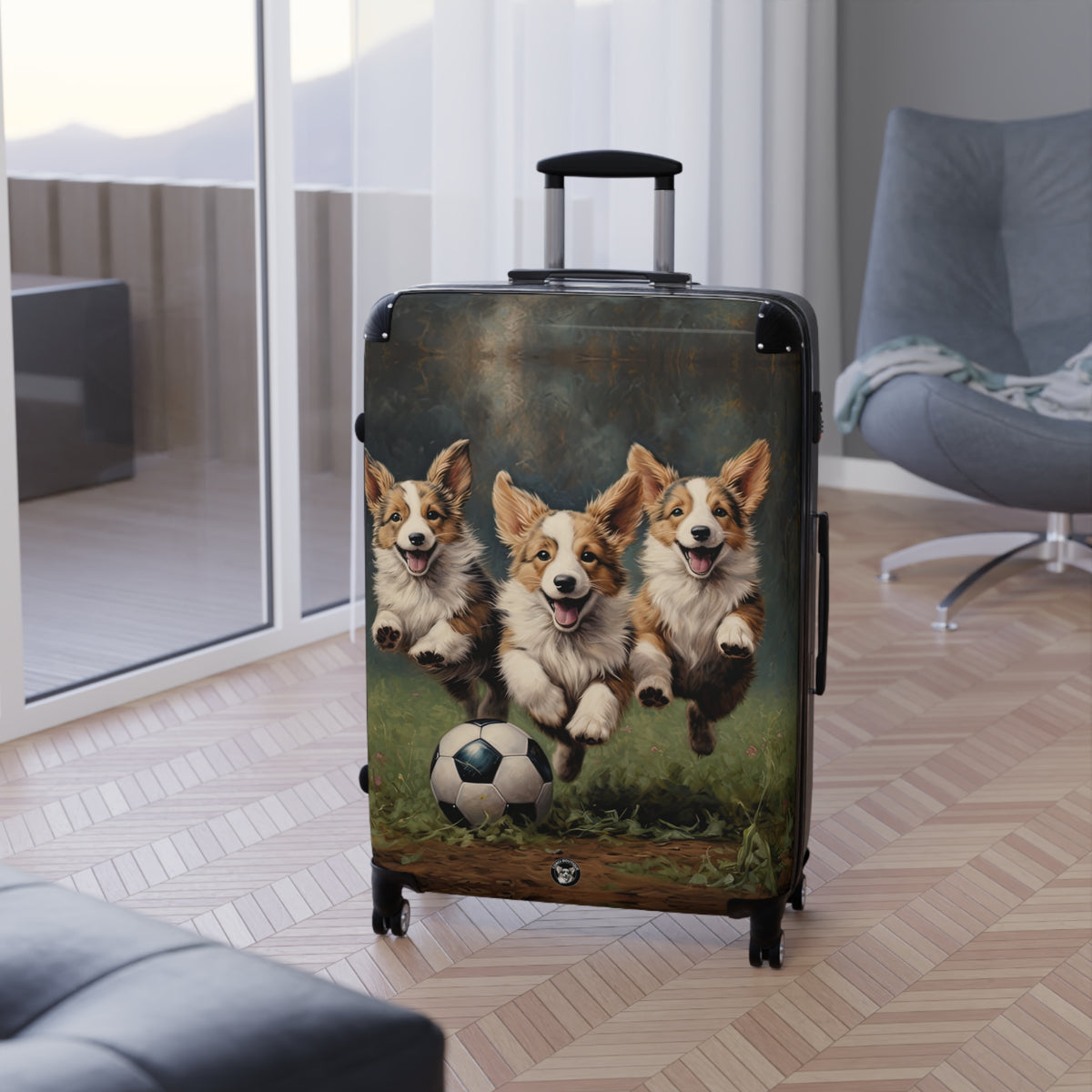 Corgi Puppies Pouncing On The Pitch Suitcases – Soccer Theme Corgi Rolling Luggage