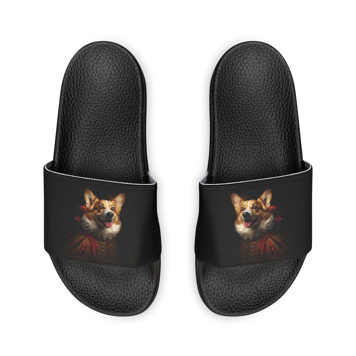 Renaissance Corgi in a Ruff Artistic Historic Women's Casual Black Slide Sandals - Pool & Beach Slides