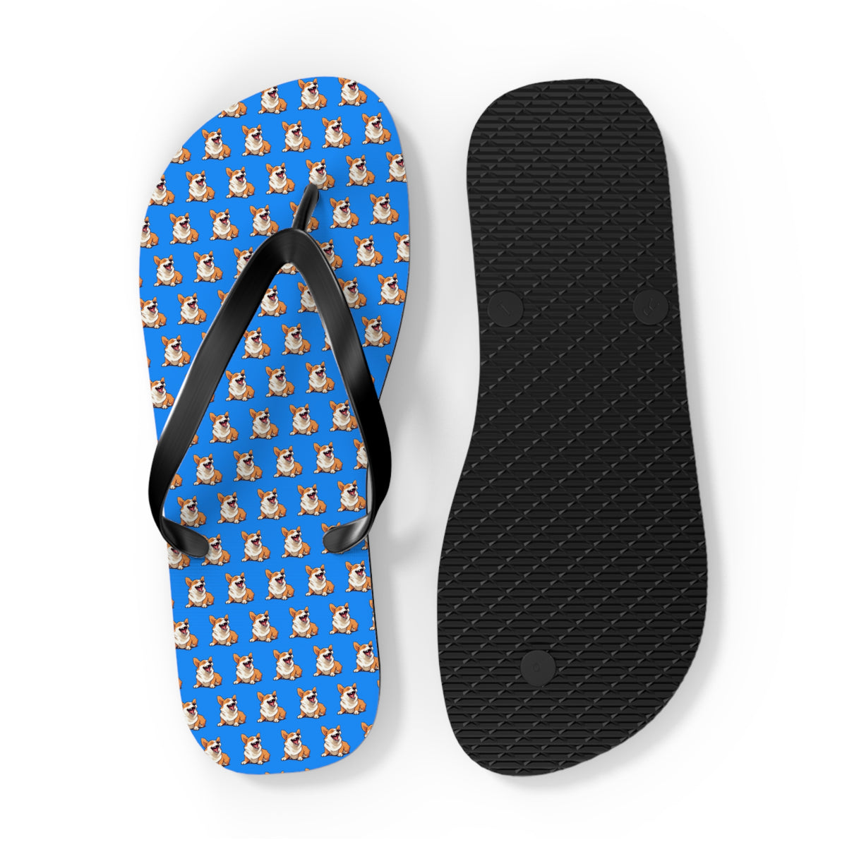 Comical Corgi All Smiles Repeater Pattern Artistic Unisex Flip Flops — Cute & Funny Corgi Themed Blue Sandals