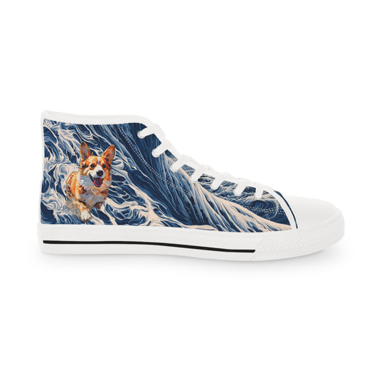 Coastal Corgi Big Blue Ocean Wave Men's High Top Casual Canvas Sneakers