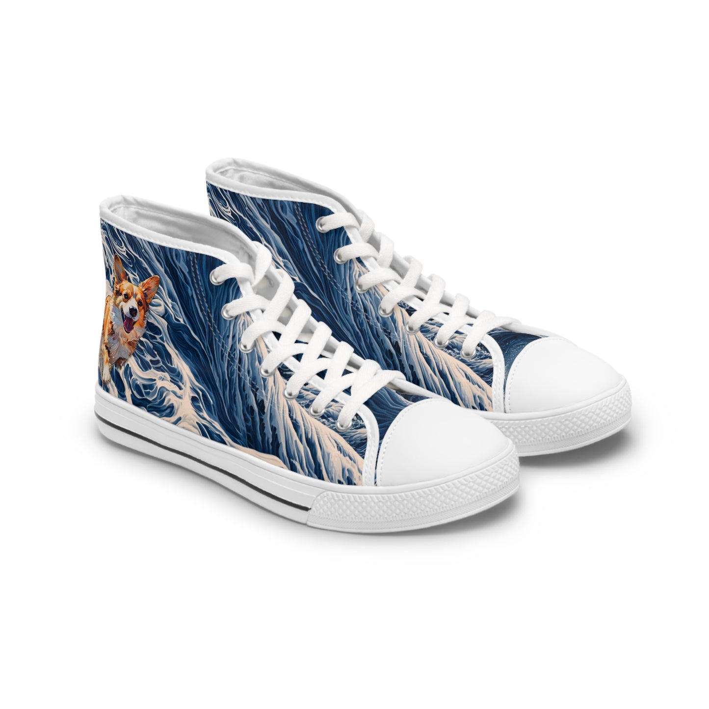 Coastal Corgi Big Blue Ocean Wave Women's High Top Casual Canvas Sneakers