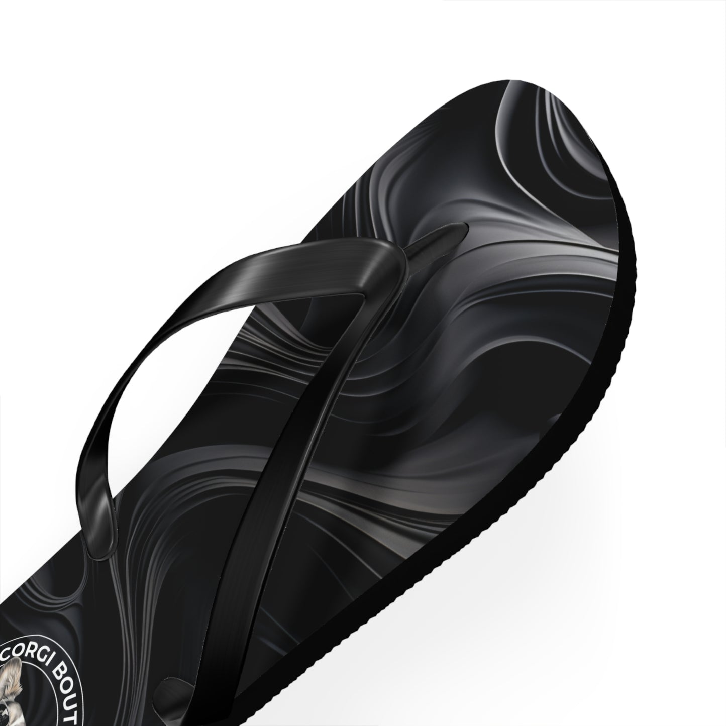 Corgi Boutique Black Swirl Flip Flops with our Custom Logo — Stylish Beach & Pool Sandals
