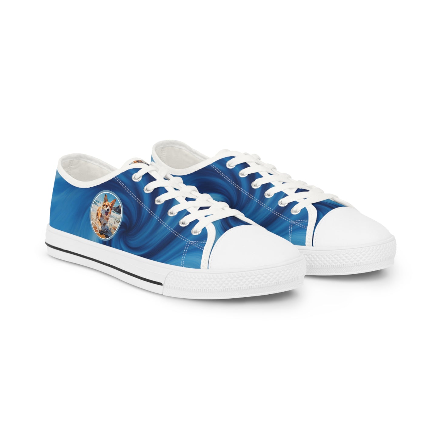 Coastal Corgi Blue Swirl Men's Low Top Casual Canvas Sneakers