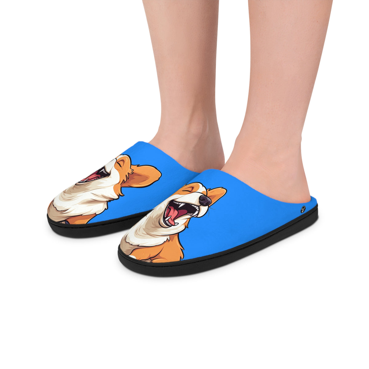 Comical Corgi All Smiles Women's Indoor Slippers — Cute Blue Cozy House Shoes