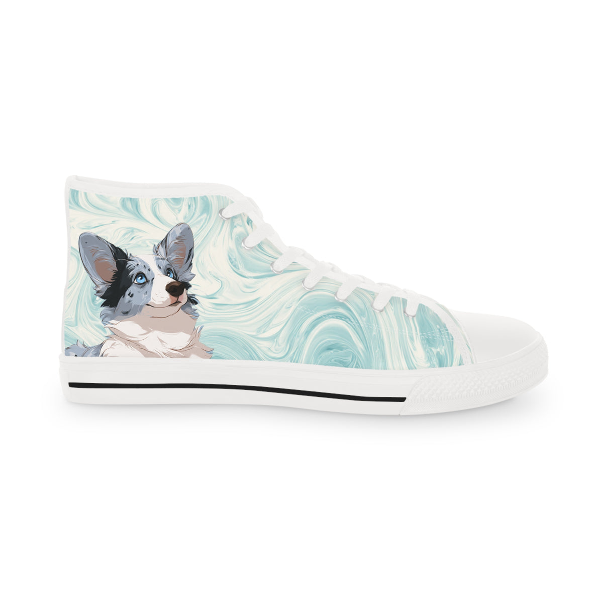 Blue Merle Majesty Men's High-Top Sneakers - Cool Blue Corgi on Swirling Aqua & Alabaster Cream Canvas