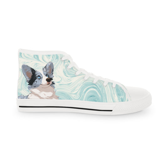 Blue Merle Majesty Men's High-Top Sneakers - Cool Blue Corgi on Swirling Aqua & Alabaster Cream Canvas