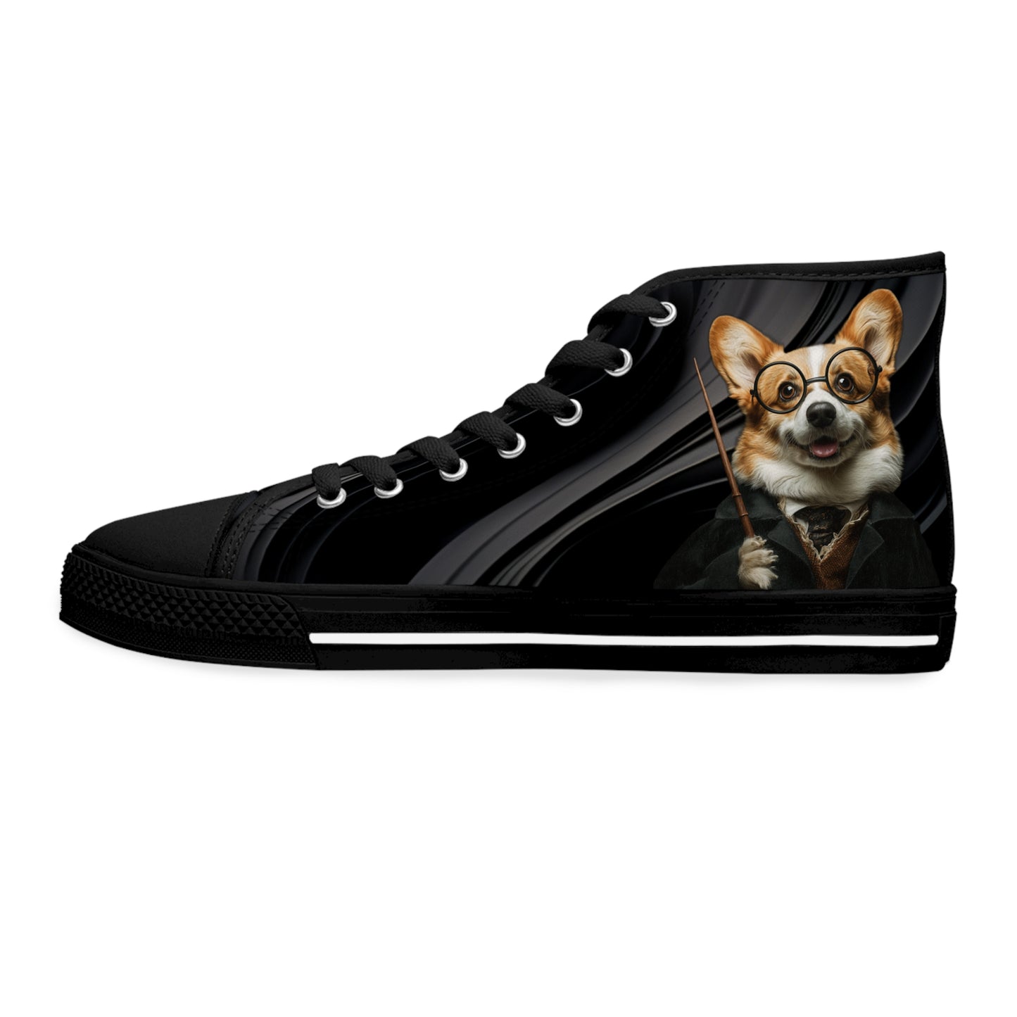 Corgi Potter Magic Wand Women's High Top Casual Black Swirl Canvas Sneakers