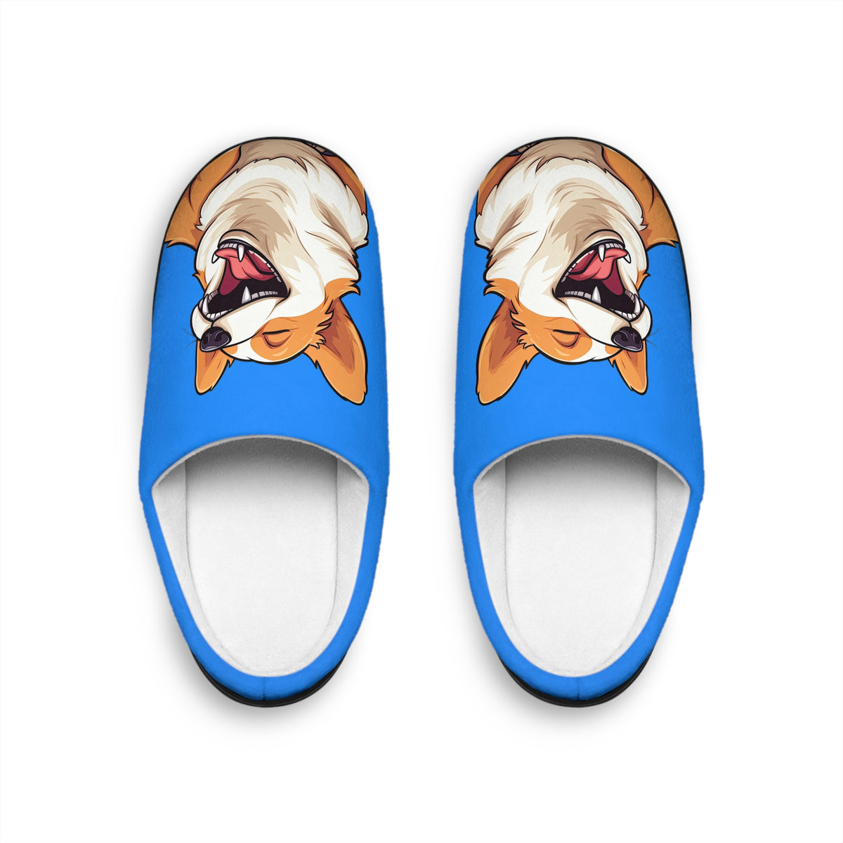 Comical Corgi All Smiles Women's Indoor Slippers — Cute Blue Cozy House Shoes