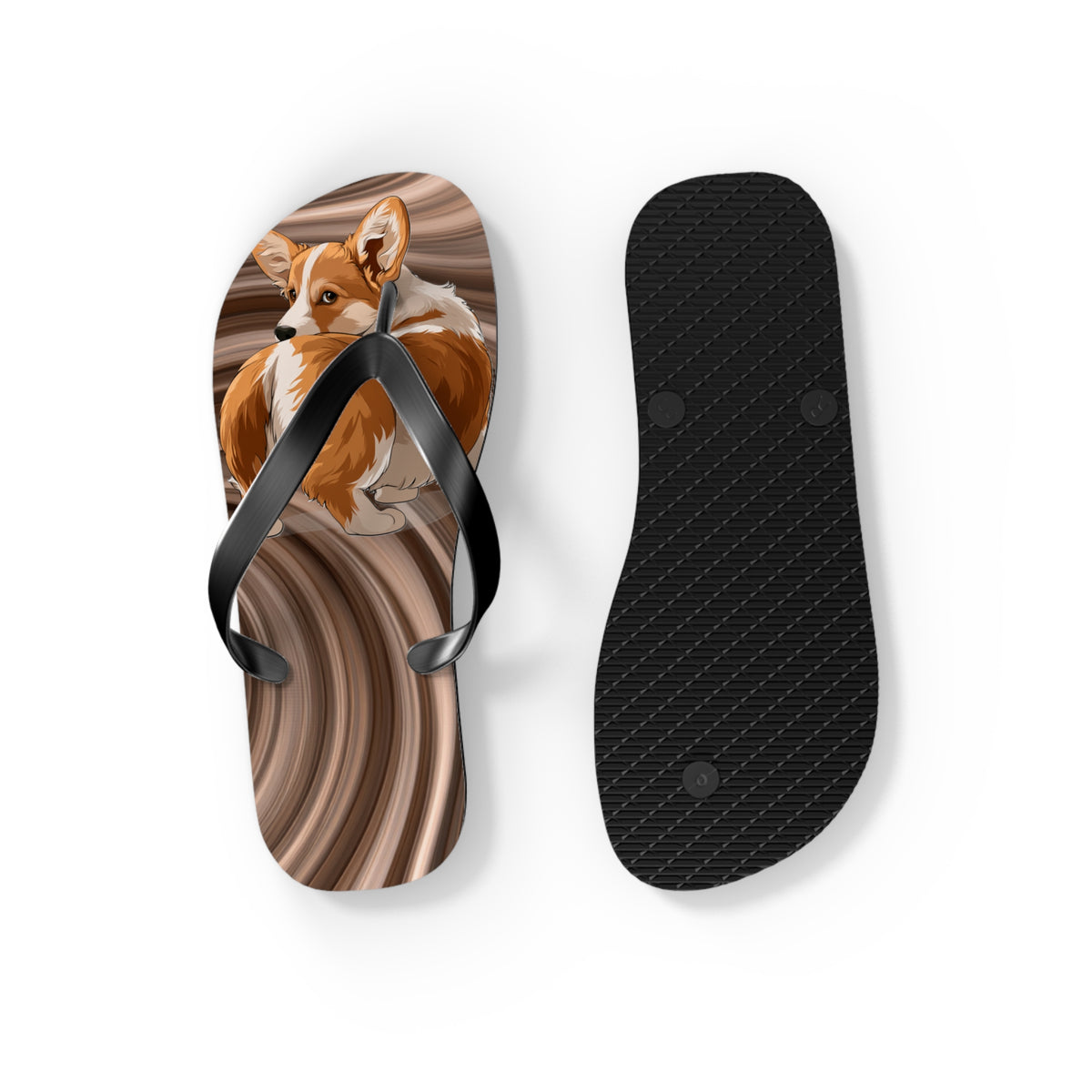 Butt What? Talk To The Butt Contemptuous Corgi Unisex Flip Flops – Comical Swirling Brown Corgi Beach Sandals