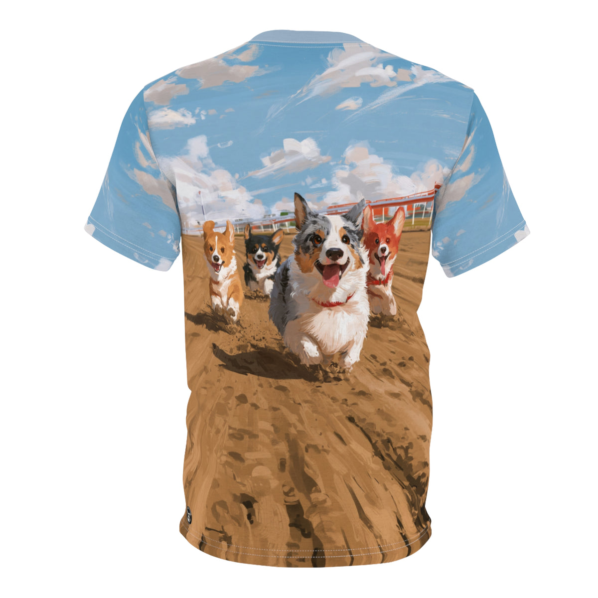 Off to the Races Unisex Bold Designer Tee - Corgi Racing Under Breezy Blue Skies