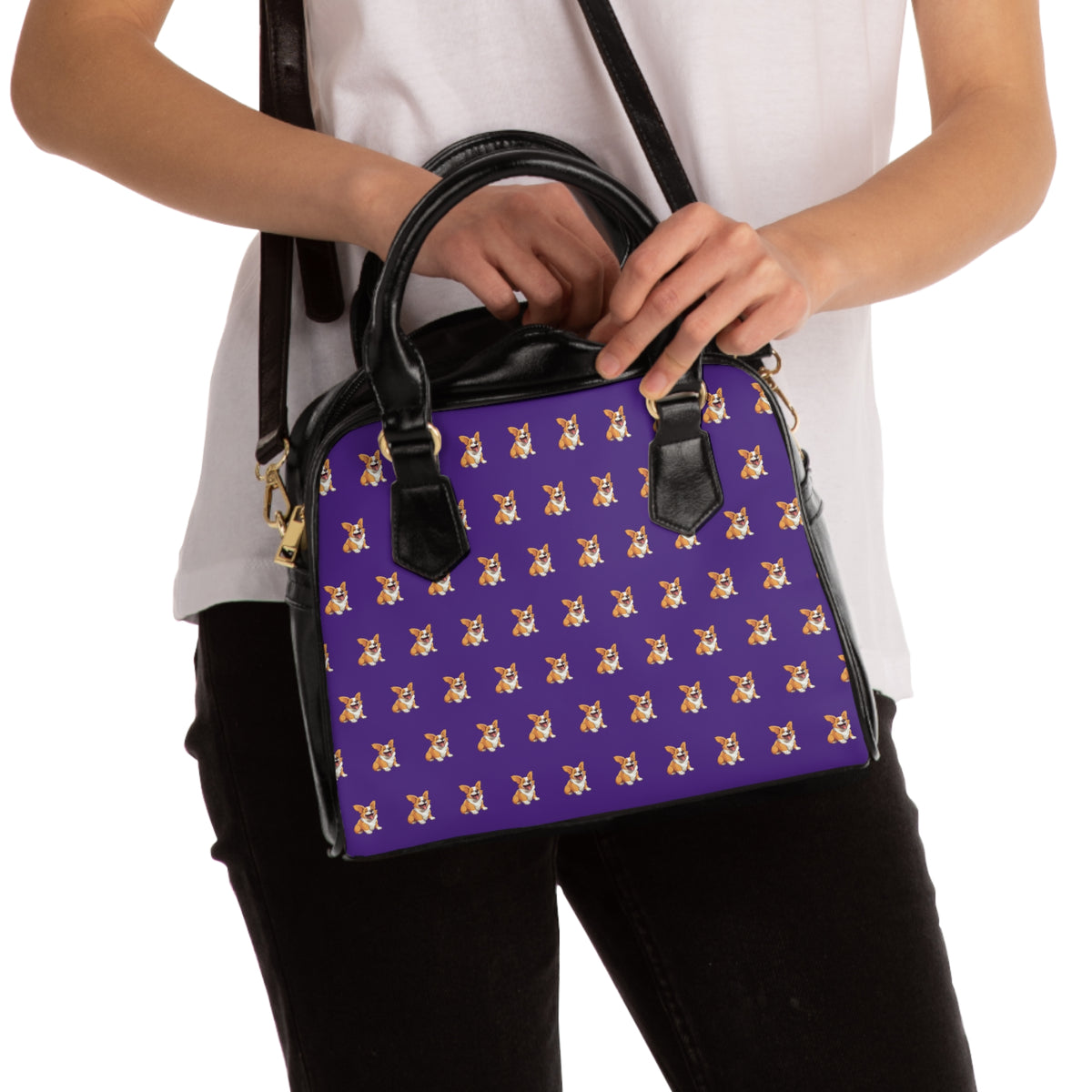 Jolly Jiggling Animated Corgi Repeater Pattern Purple & Black Shoulder Handbag
