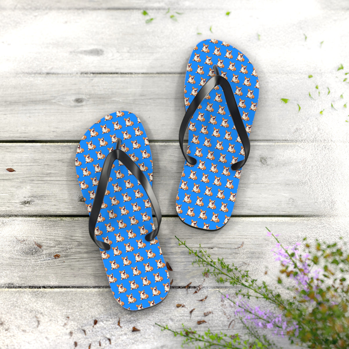 Comical Corgi All Smiles Repeater Pattern Artistic Unisex Flip Flops — Cute & Funny Corgi Themed Blue Sandals