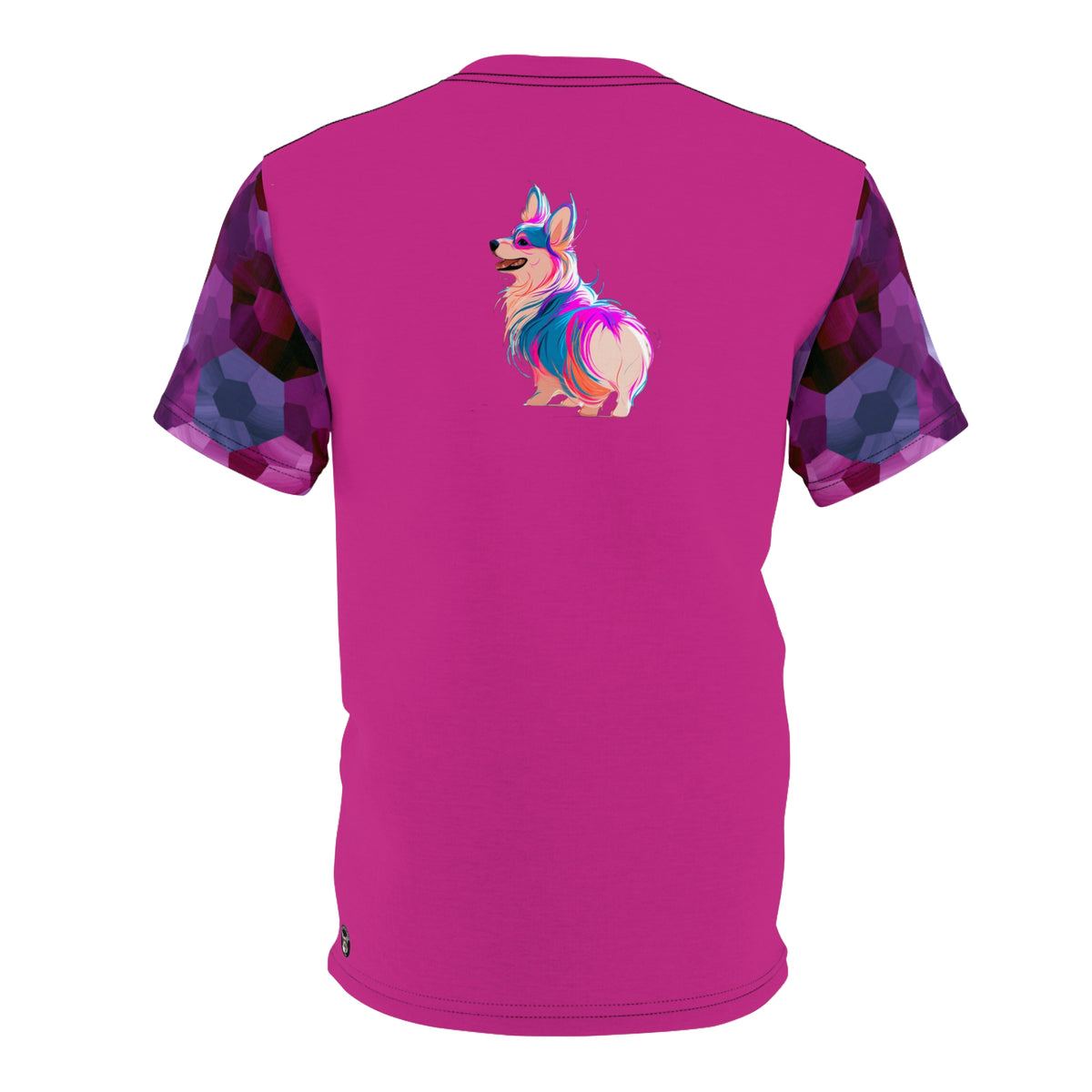 Cyberpunk Pup Unisex Bold Designer Tee - Riot Grrrl Corgi on Fuchsia Frenzy with Geo-Splatter Sleeves