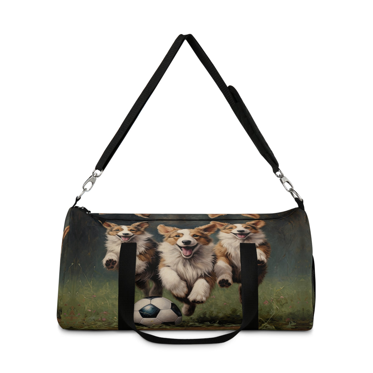 Corgi Puppies Pouncing on the Pitch Duffel Bag - Soccer Theme Corgi Travel Gym Bag