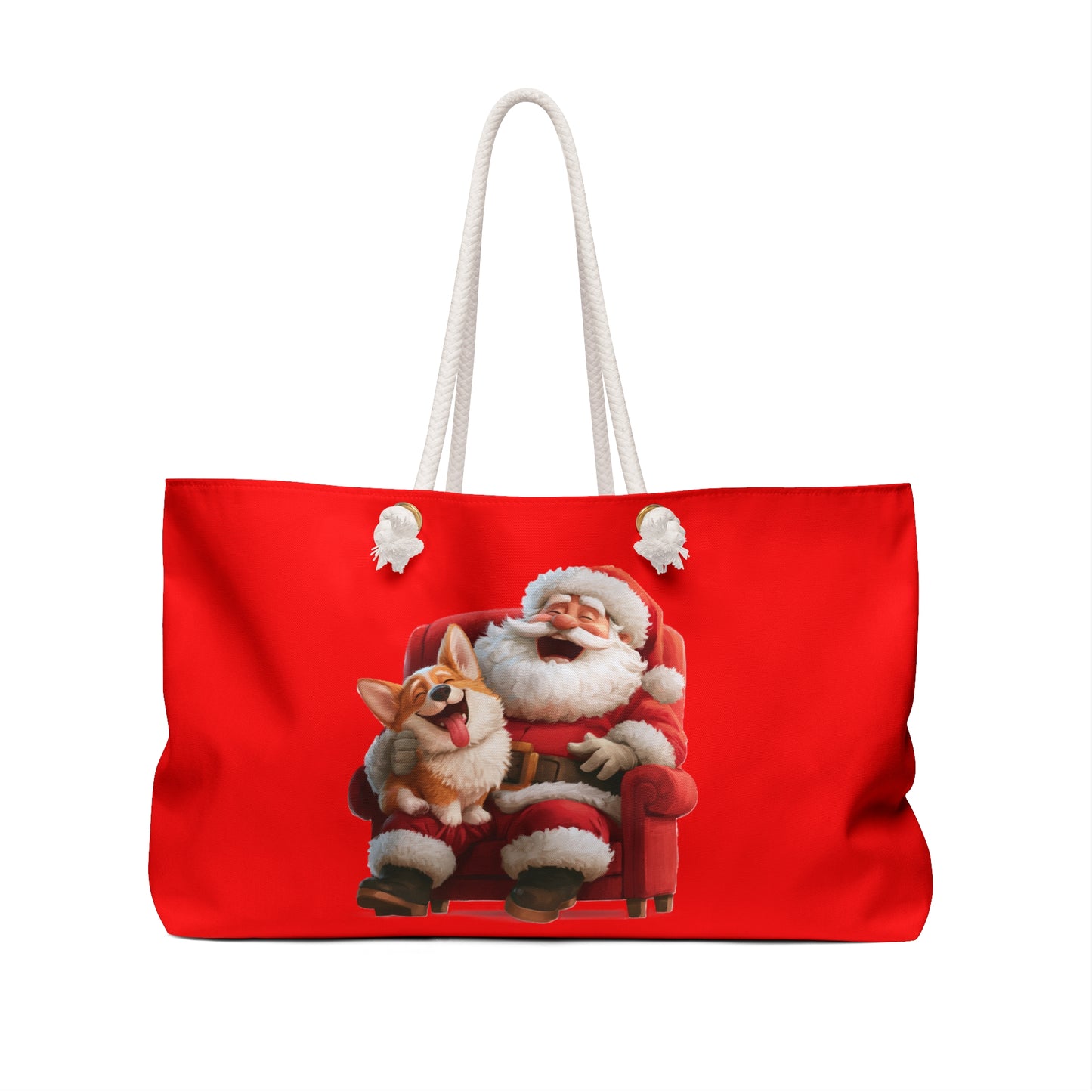 Christmas Corgi Sitting on Santa's Lap Weekender Beach Bag – Holiday Corgi Travel Tote