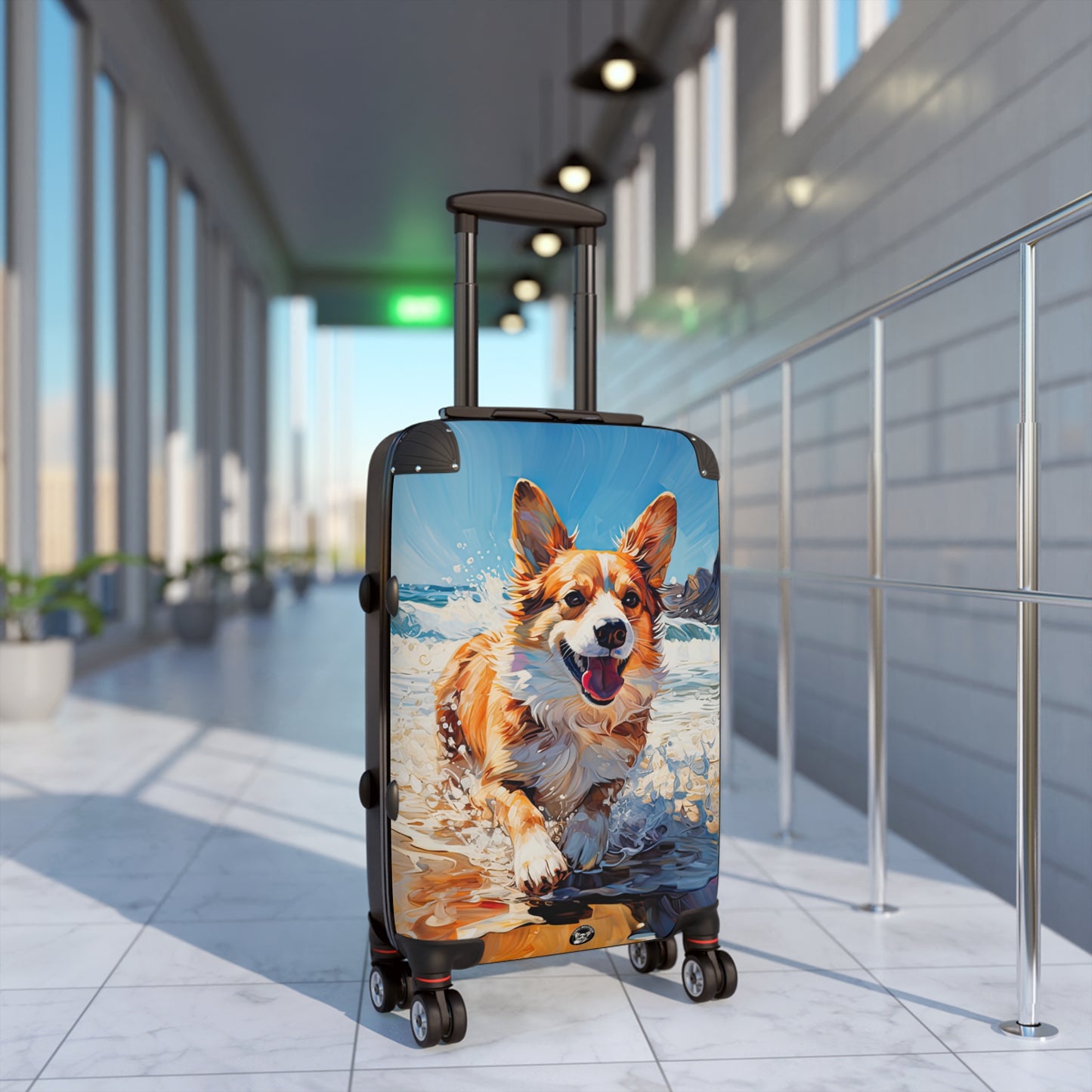Coastal Corgi Beach Theme Suitcases — Corgi Running in the Waves Luggage
