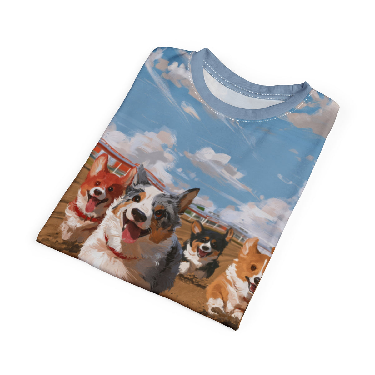 Off to the Races Unisex Bold Designer Tee - Corgi Racing Under Breezy Blue Skies
