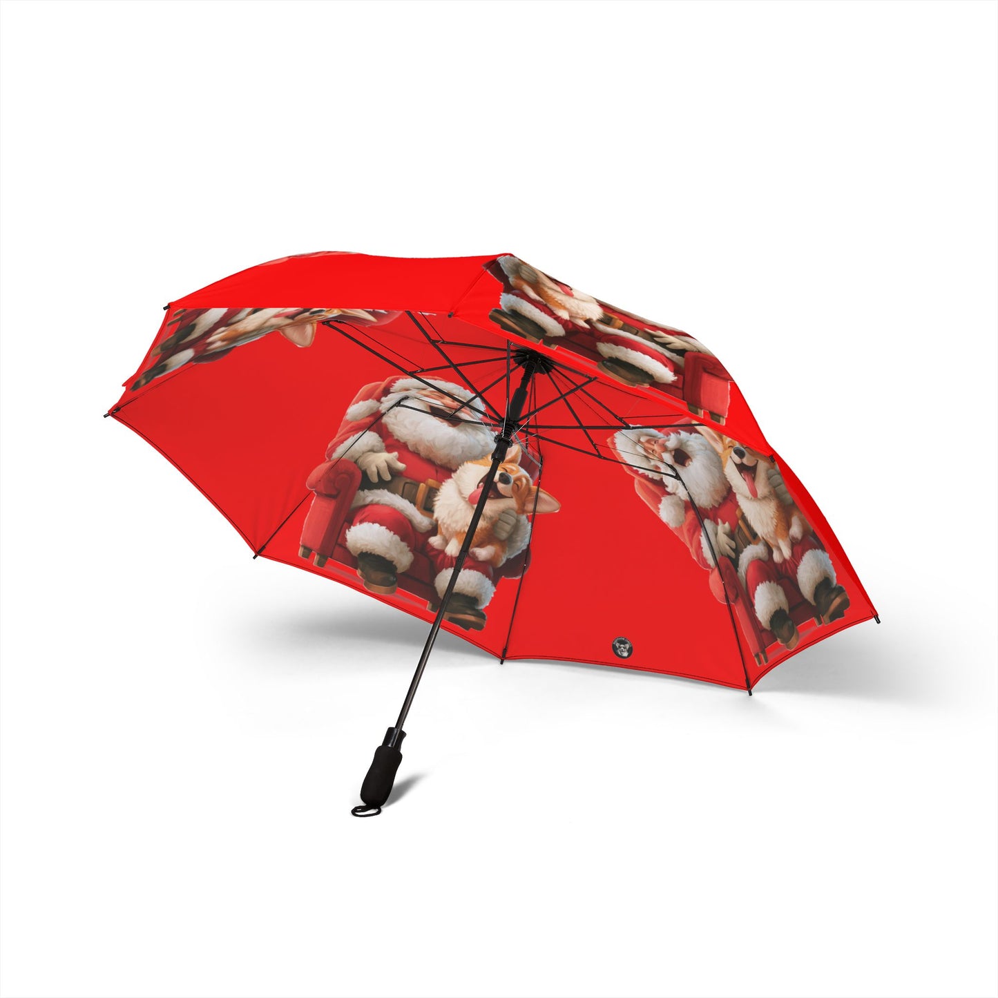 Christmas Corgi Sitting On Santa's Lap Foldable Umbrella — Red Holiday Rain Shield
