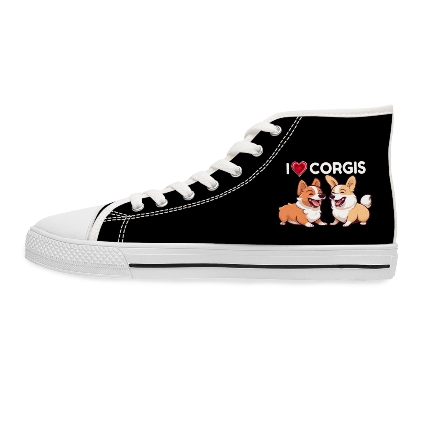 I Heart Corgis Women's High Top Casual Black Canvas Sneakers with Two Corgi Best Buds