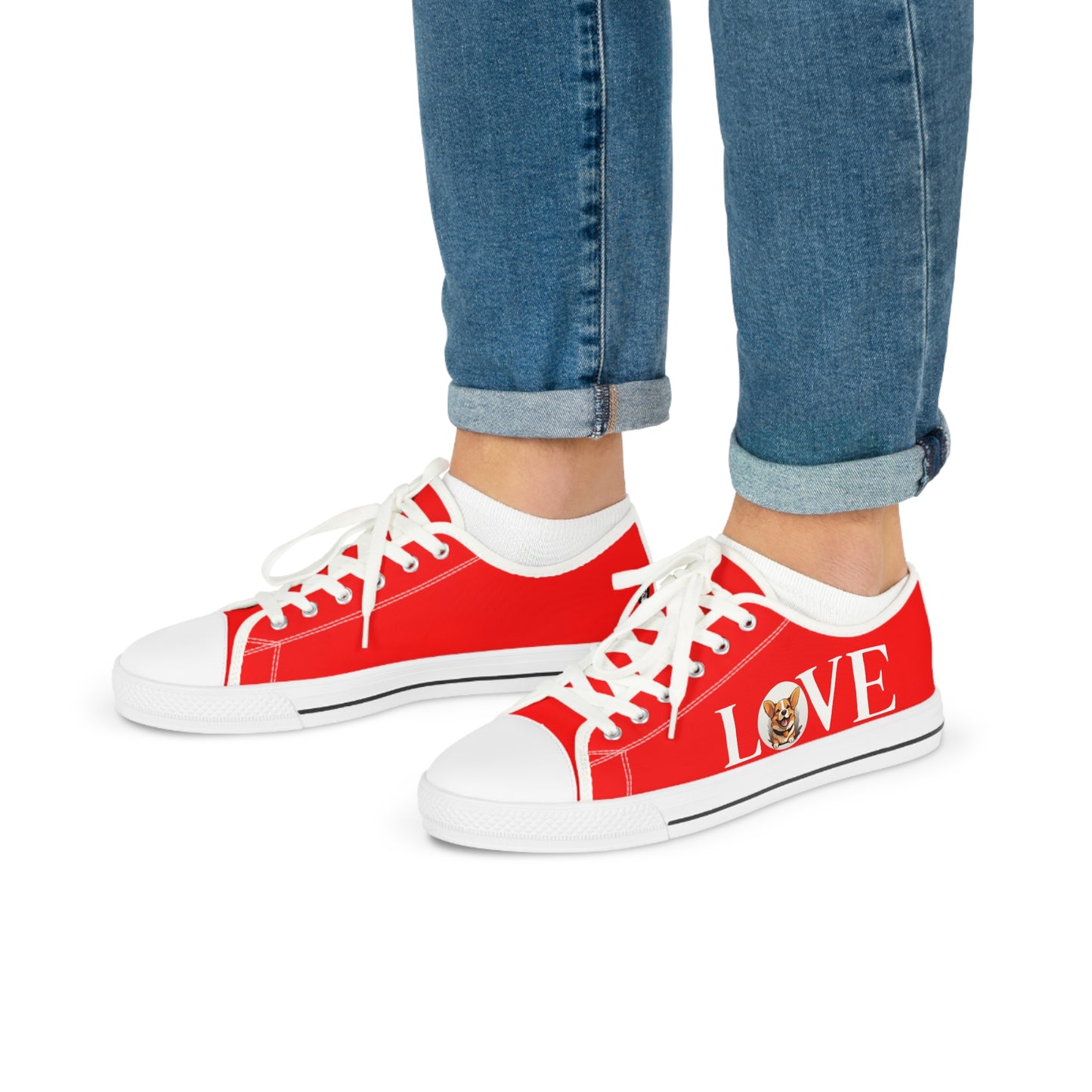 LOVE Corgi Women's Casual Sneakers on Red Canvas