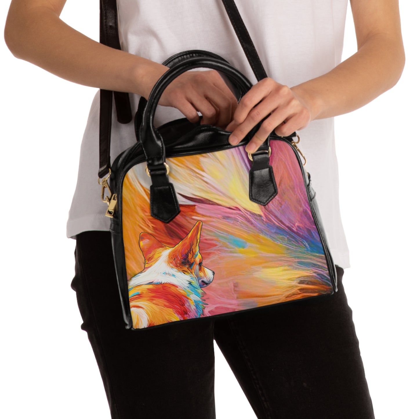 Peekaboo Corgi Artistic Portrait Shoulder Handbag — Vibrant Pop Art Corgi Purse