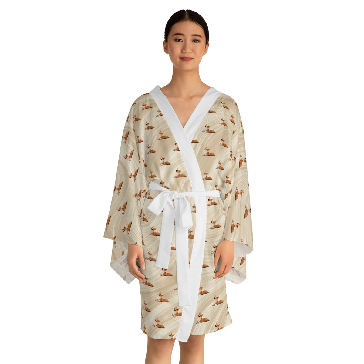 Giddy Sploot Kimono Robe - Creamy Champagne Corgi Housecoat