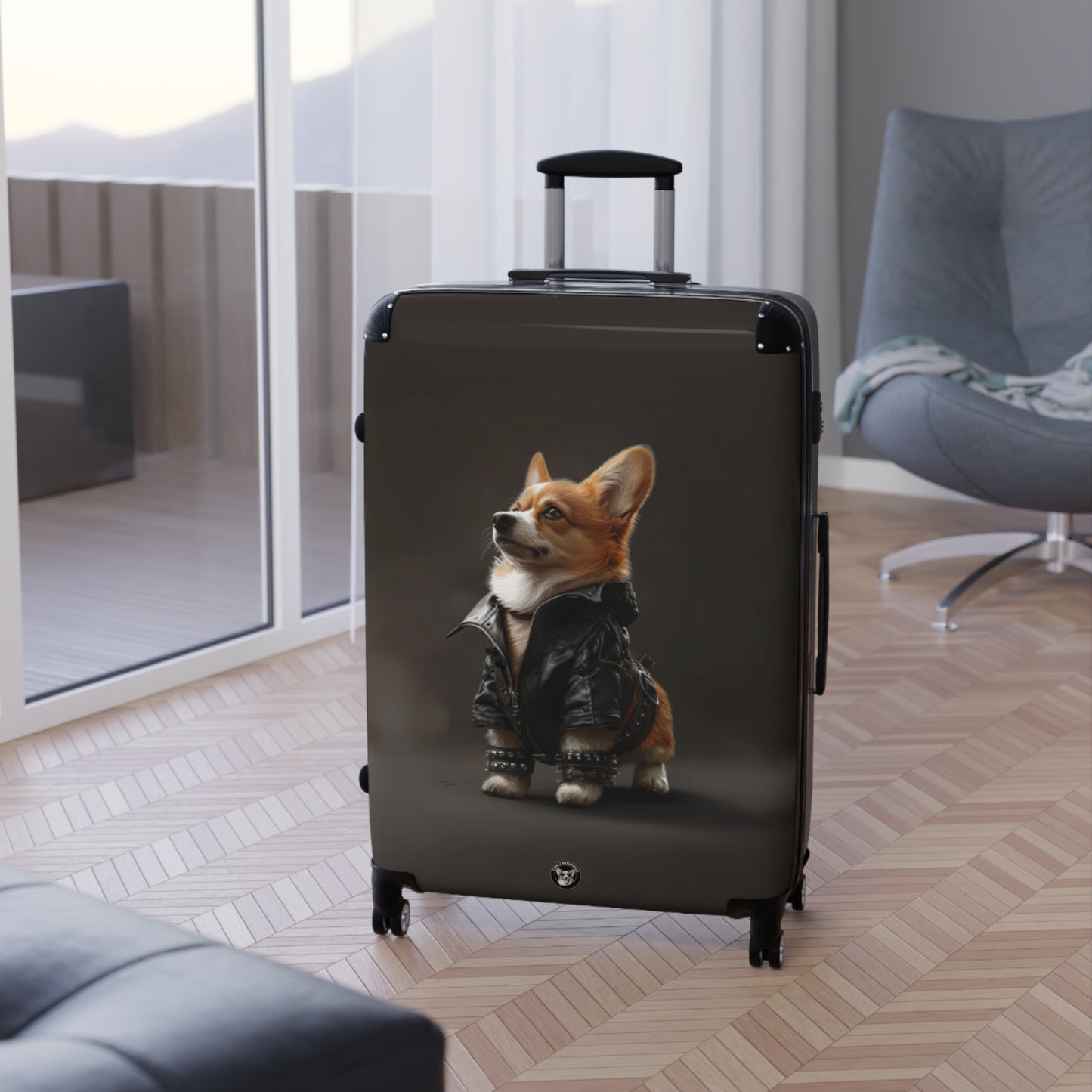 Leader of the Pack Corgi Travel Suitcases – Leather Jacket Clad Corgi Rolling Luggage