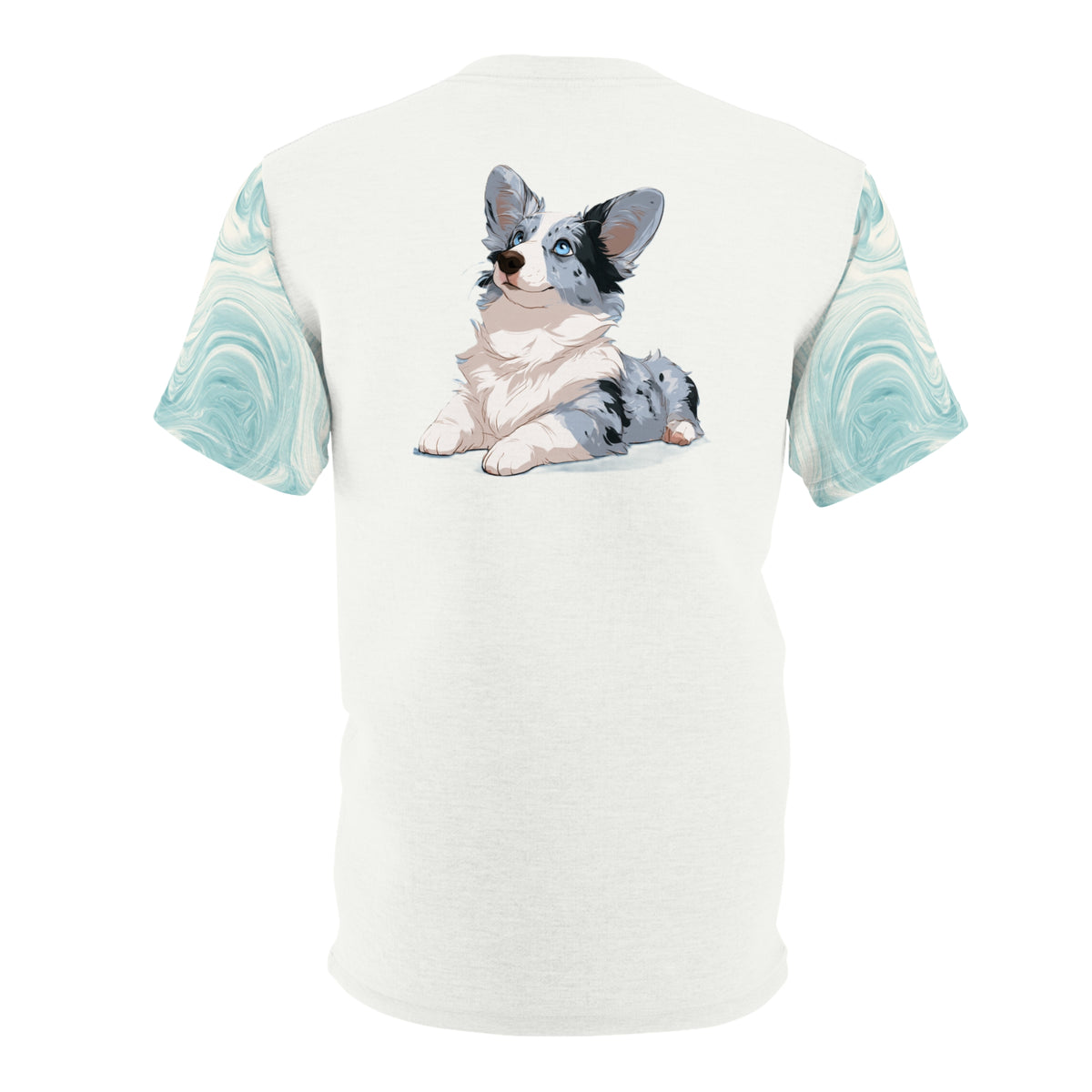 Blue Merle Majesty Unisex Bold Fashion Tee - Alabaster Cream Corgi Shirt with Swirling Aqua Sleeves