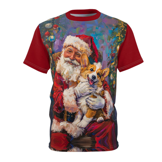 Corgi Wishes & Santa Claus Dreams Unisex Bold Fashion Tee - Christmas Corgi with Rudolph Red Sleeves