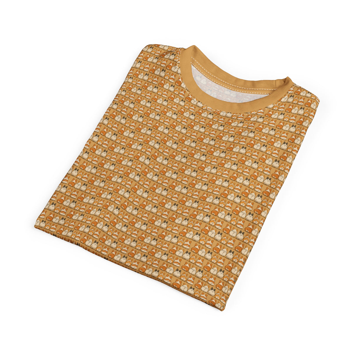 The Bottom Line Multiplied Unisex Bold Designer Tee — Corgi Fanny Formation Repeater on Toasted Amber