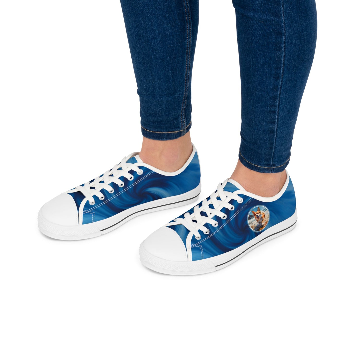 Coastal Corgi Blue Swirl Women's Low Top Casual Canvas Sneakers