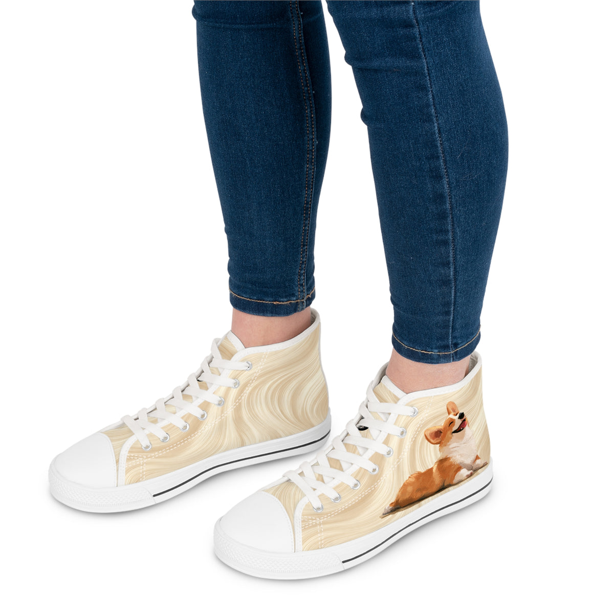 Giddy Sploot Women's High Top Casual Creamy Champagne Corgi Canvas Sneakers