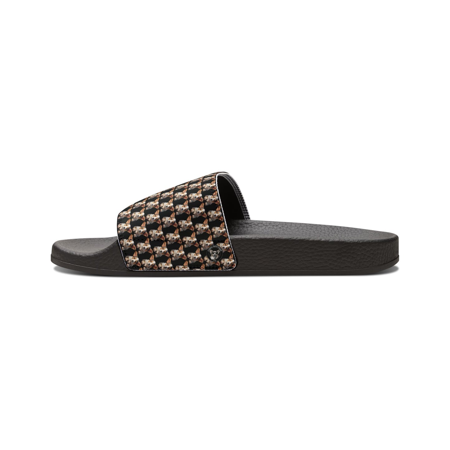 Puppy Corgi Portrait Mosaic Women's Casual Black Slide Sandals - Pool & Beach Slides