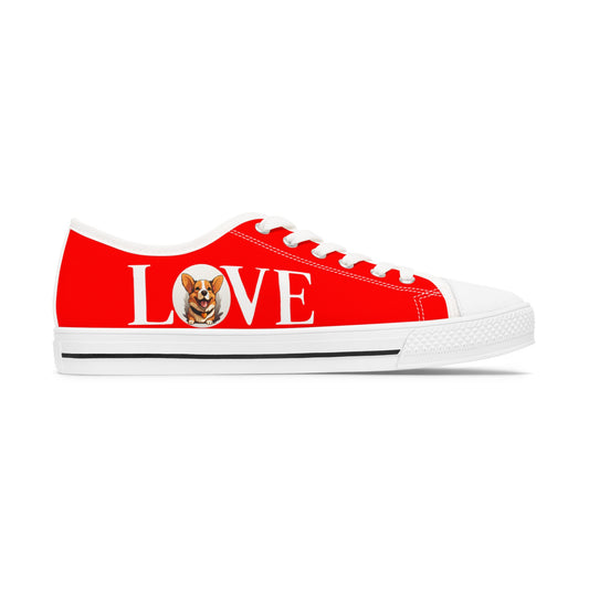 LOVE Corgi Women's Low Top Casual Sneakers on Red Canvas